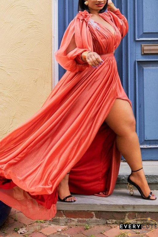 Plus Size Plain Dresses Long Sleeve Lantern Sleeve Maxi Dress