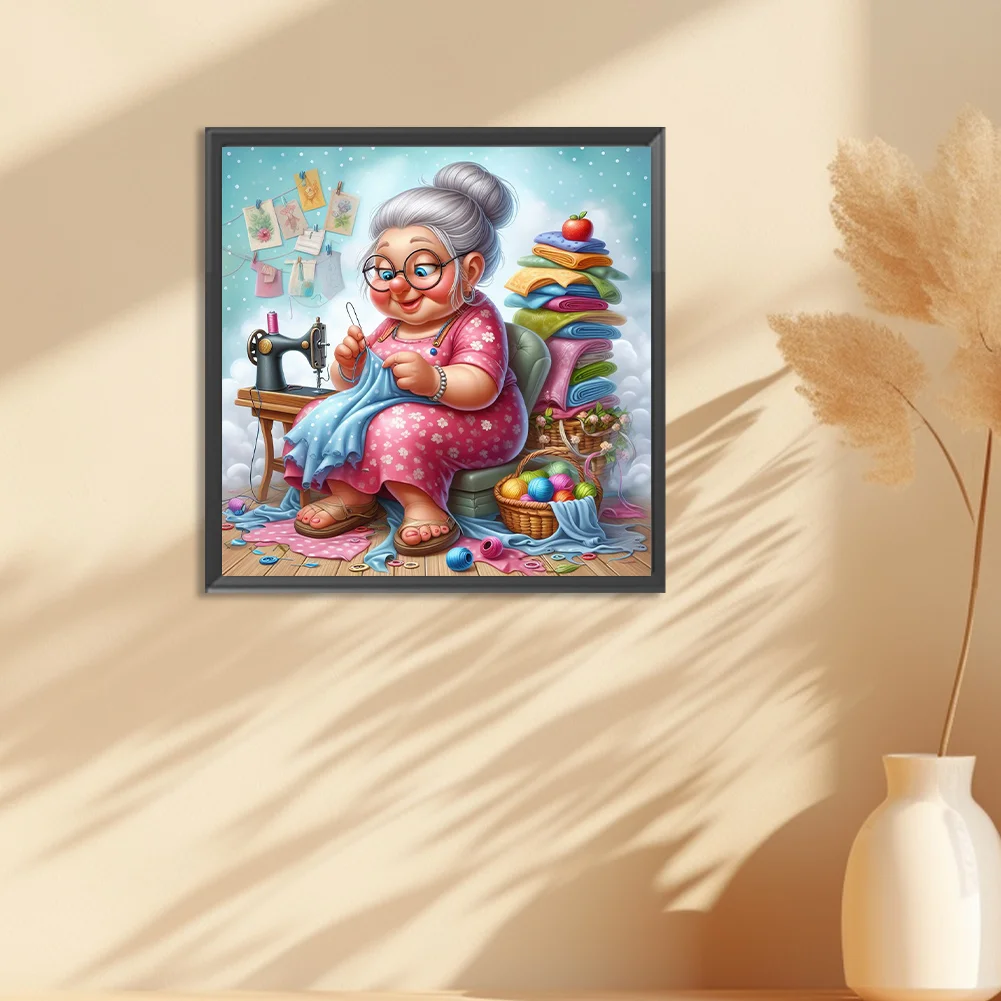 Diamond Painting - Full Round Drill - Old Lady Sewing(Canvas|30*30cm)