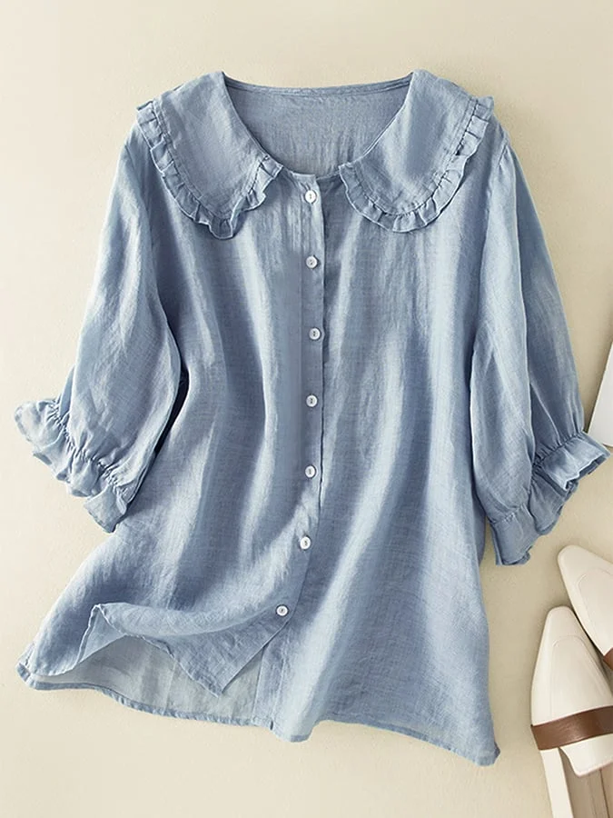 Cotton Loose Peter Pan Ruffles Neck Shirt