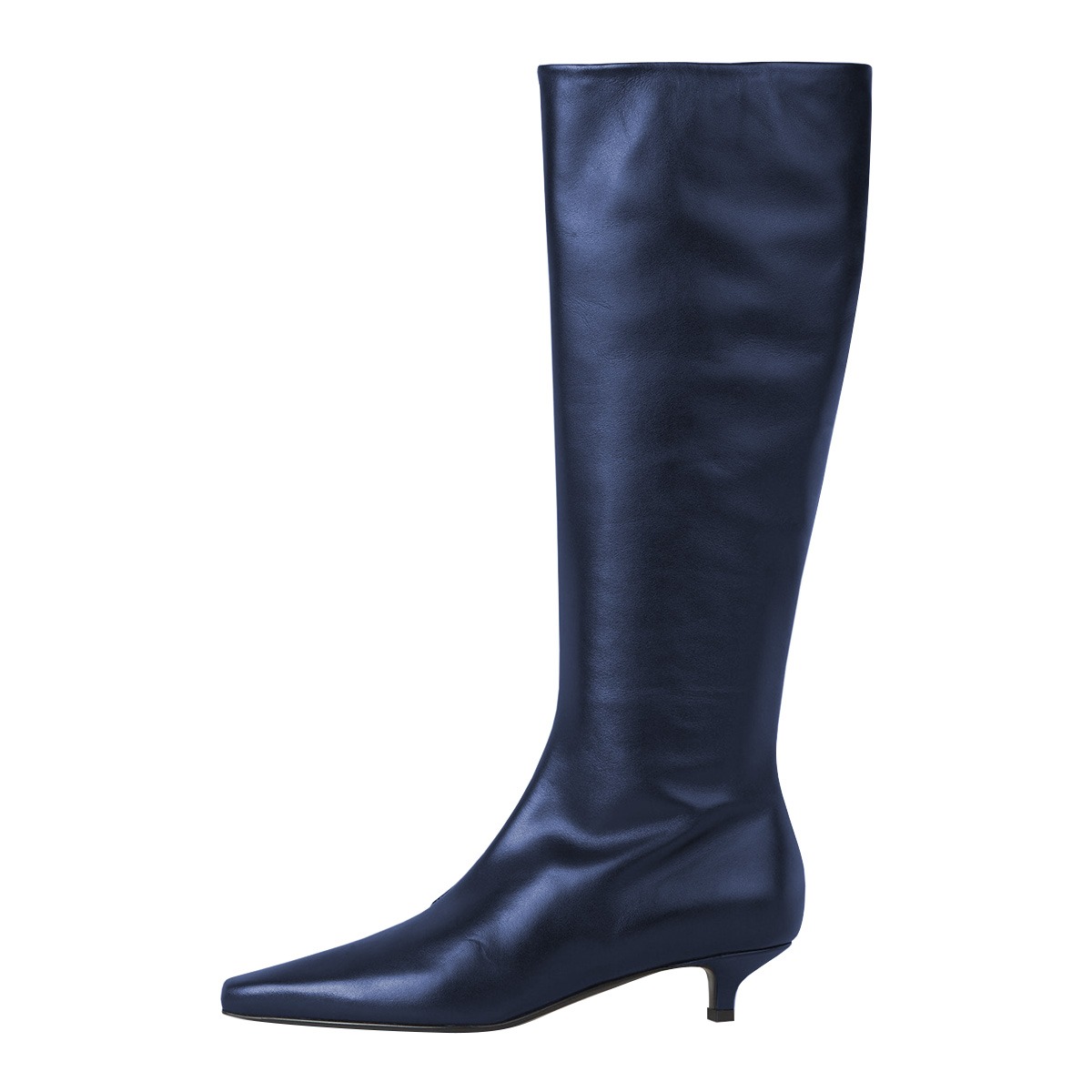 Pointed Toe Kitten Heel Pull On Tall Boots for Women in Navy Nicepairs