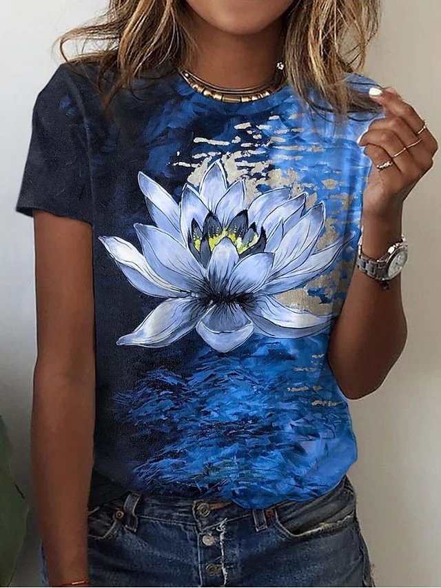 Women's Lotus Floral Print Top Crew Neck Casual Full Floral Tee