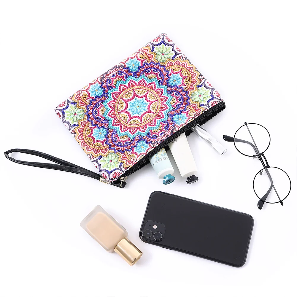 DIY Mandala Diamond Art Cosmetic Bag Flowers Single Sided PU Women Clutch