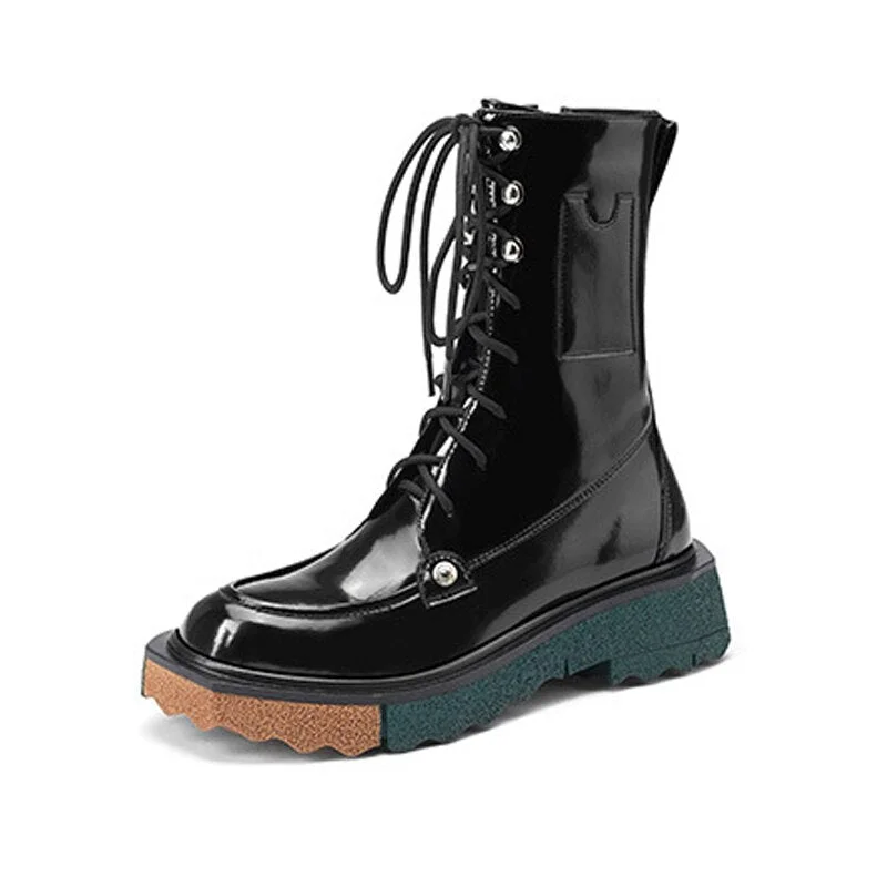 2021 Women Motorcycle Boots Retro Female British Style Cross Straps Ladies Platform Mid-heel Booties with Side Zip Ankle Boots