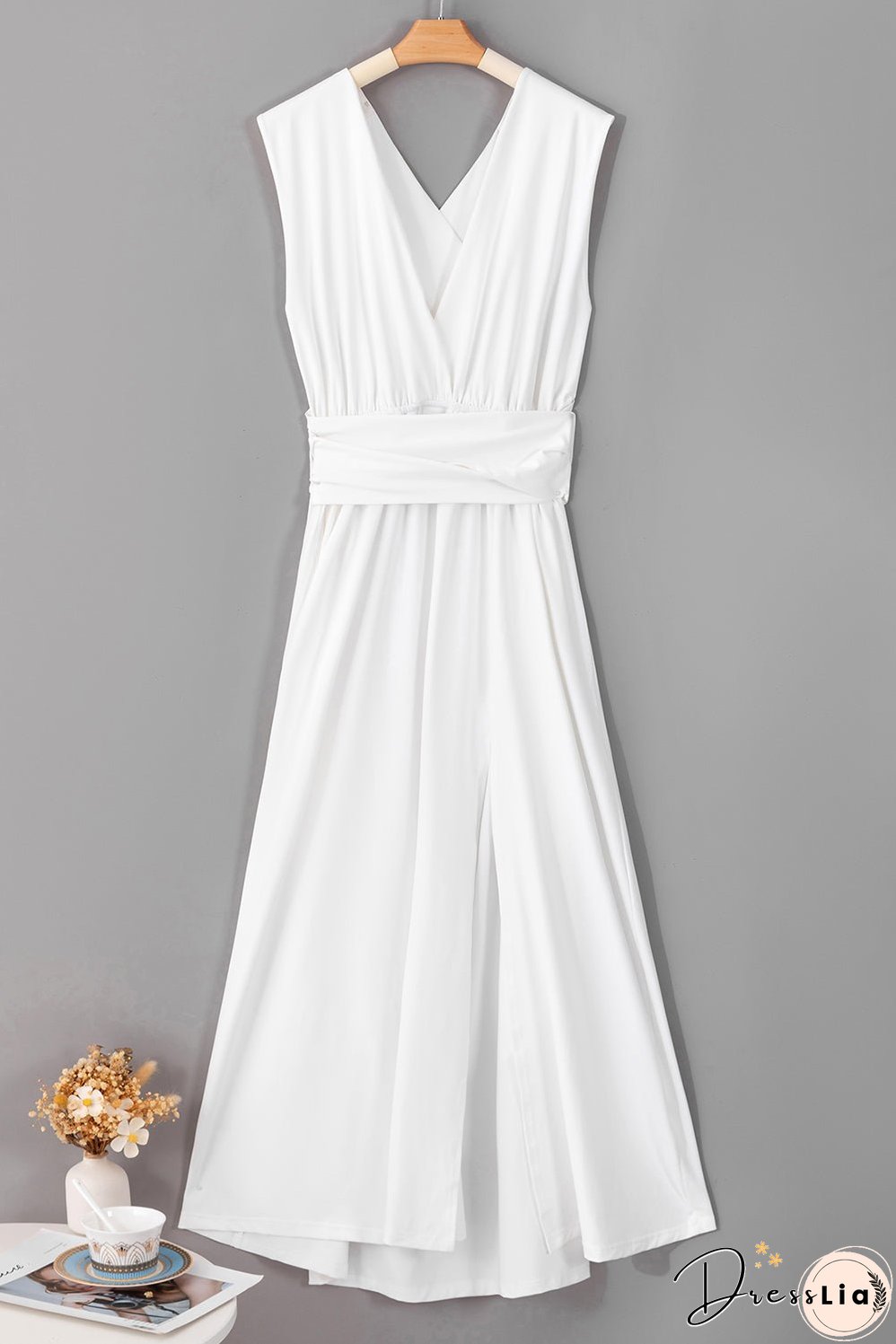 Elegant Solid Deep V Neck Split Dress