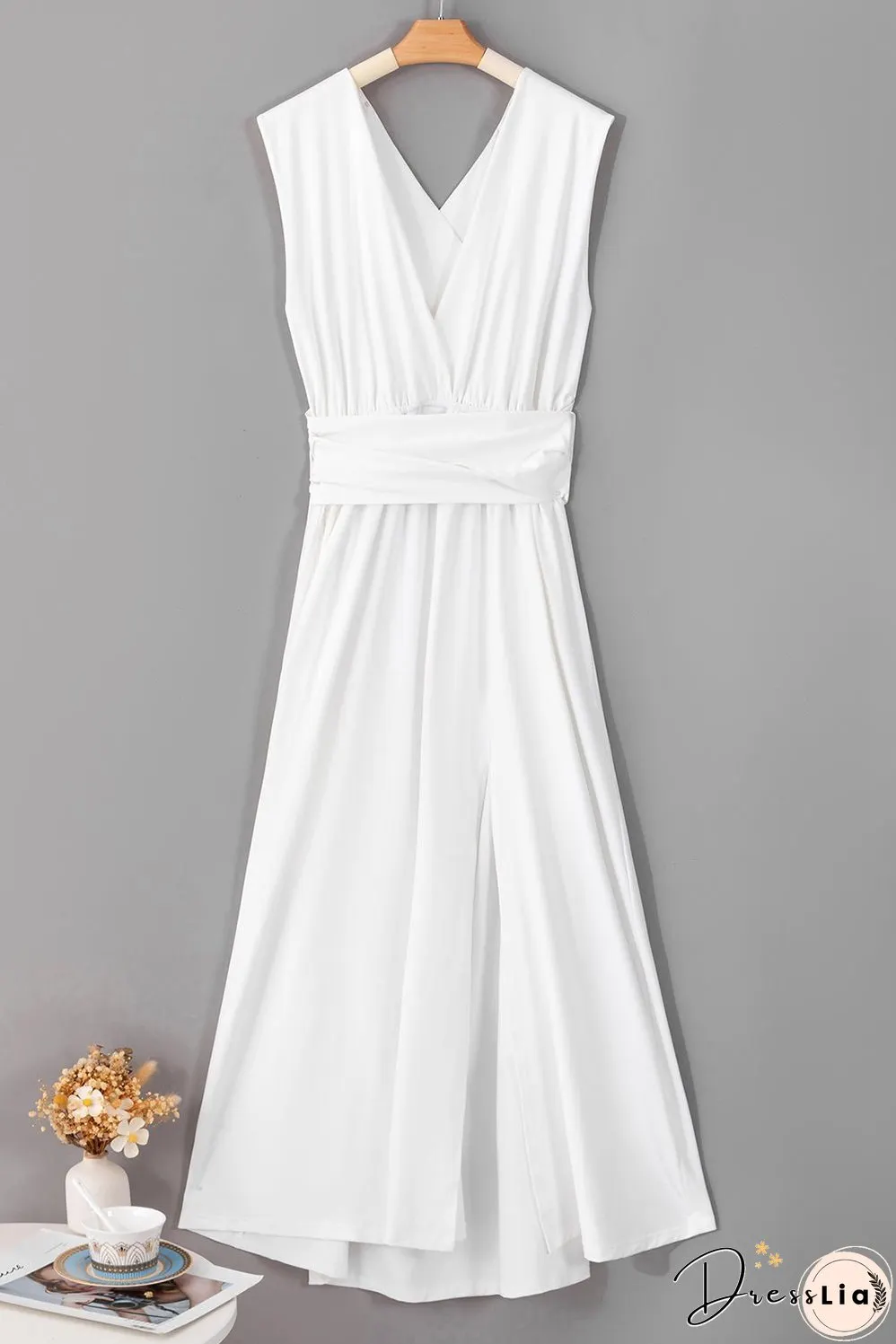 Elegant Solid Deep V Neck Split Dress