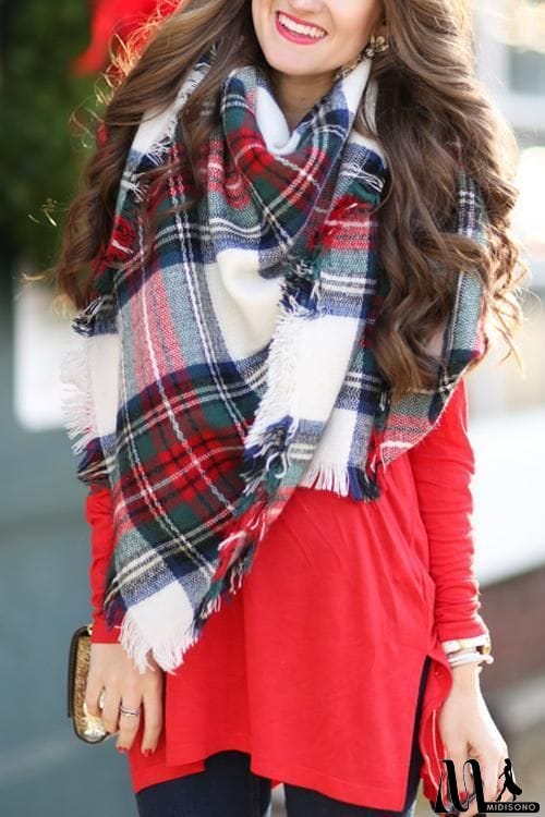 MidiSono - White Plaid Blanket Scarf