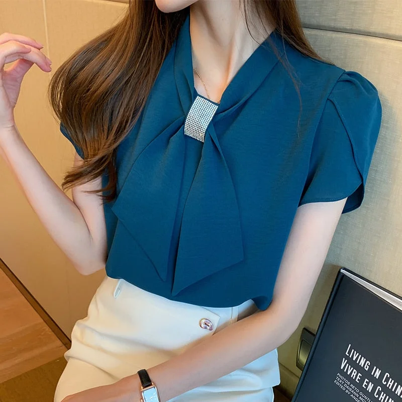 Blouses Femme Top Summer Short Sleeve V-Neck Chiffon Blouse Shirt Blouse Women Blusas Mujer De Moda 2021 Verano Tops Women E844