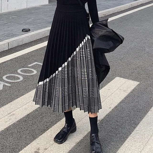 Vintage Asymmetrical Black Patchwork Houndstooth Pleated Skirt