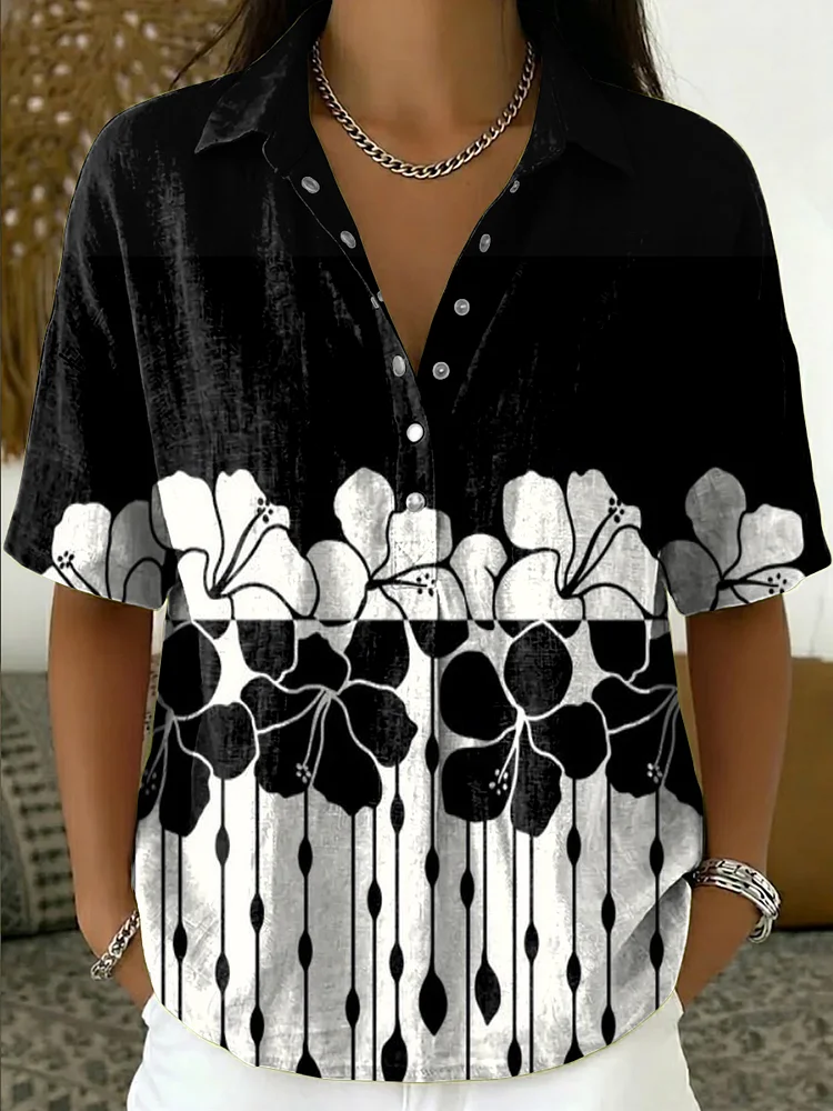 Women's Retro Color-block Printed Cotton-linen Short-sleeve Shirt