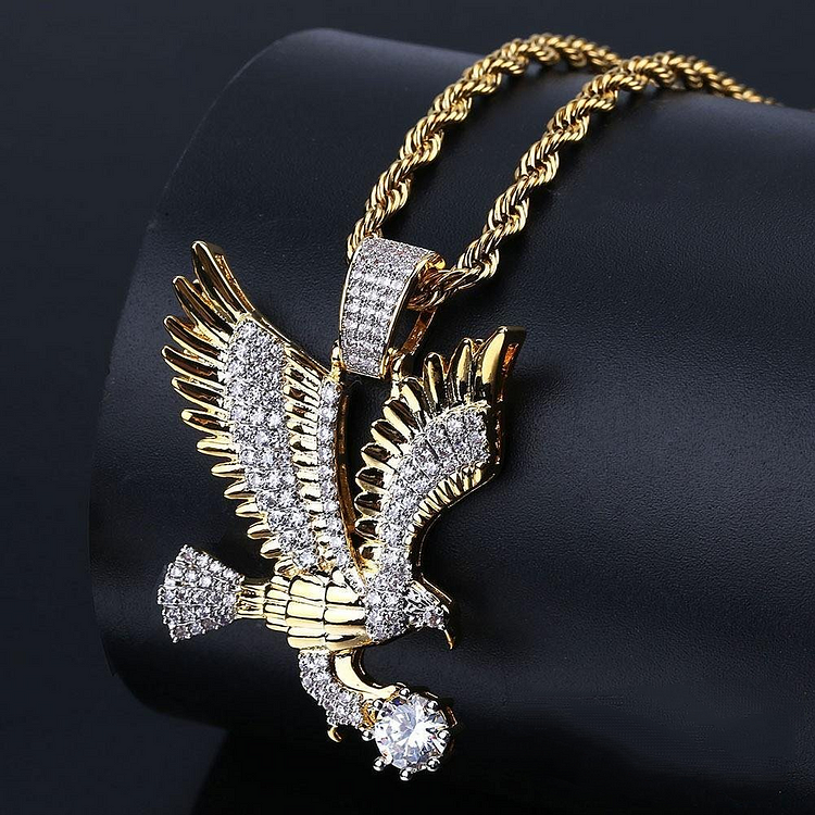 18K Gold/Platinum Micro-inlay Zircon Eagle Pendant Rapper Jewelry