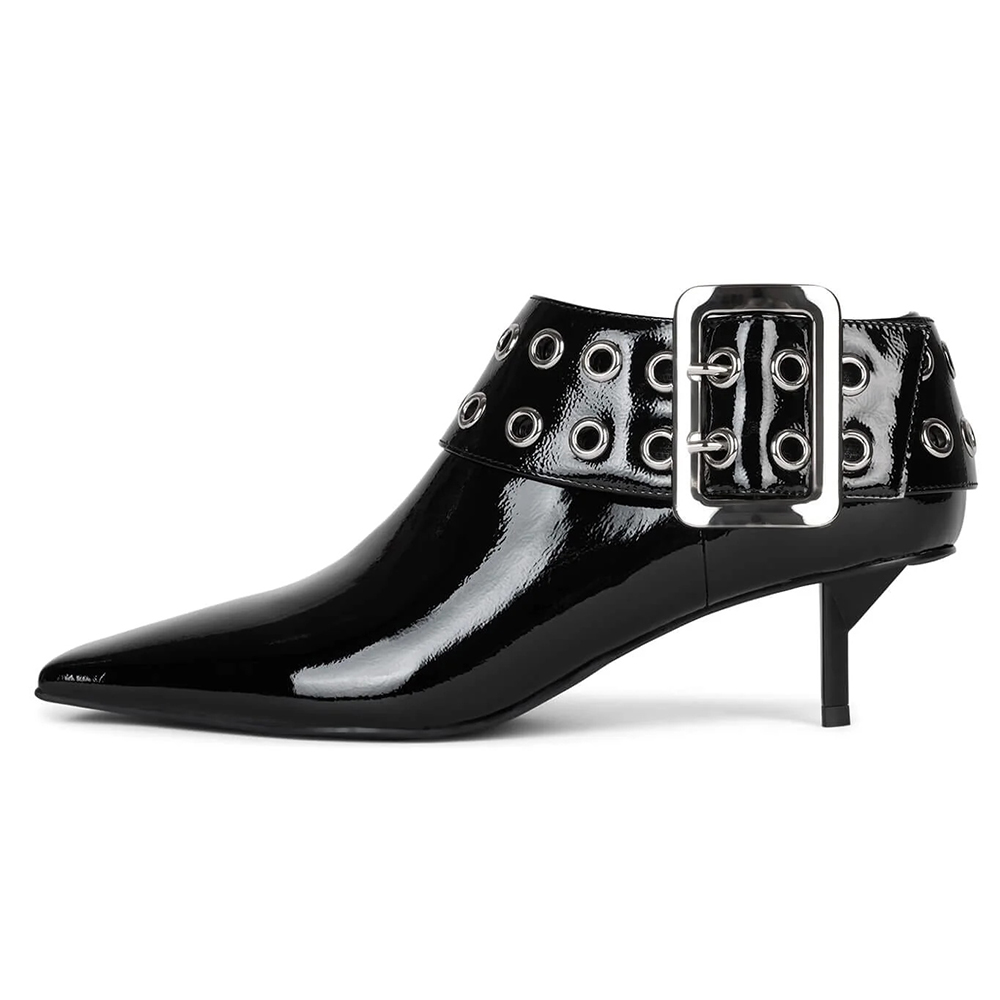 Black Patent Leather Square Toe Grommet Strap Kitten Heel Pumps Nicepairs