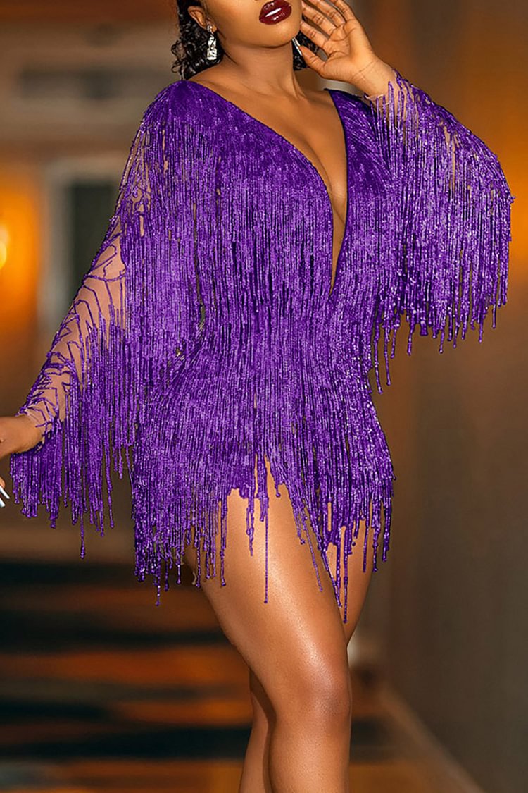 XPluswear Plus Size Purple Party Sequin Fringe V Neck Backless Bodysuit Mini Dress