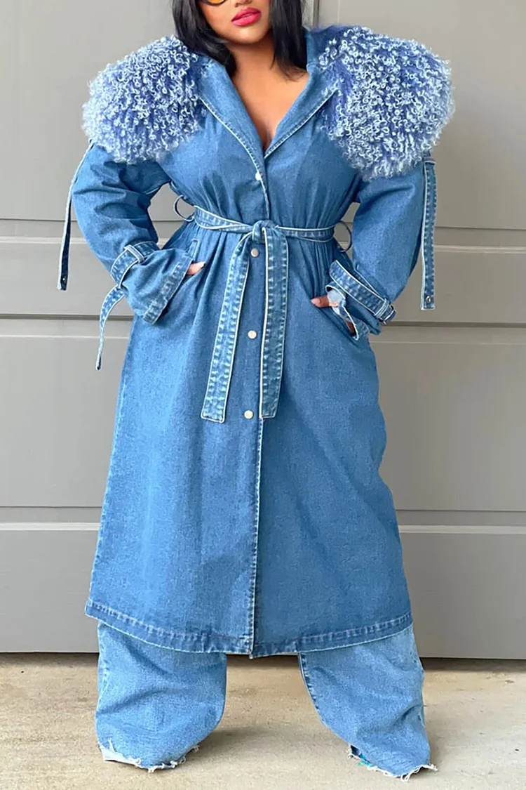 Plus Size Daily Outerwear Blue Denim Lapel Collar Feather Outerwear [Pre-Order]