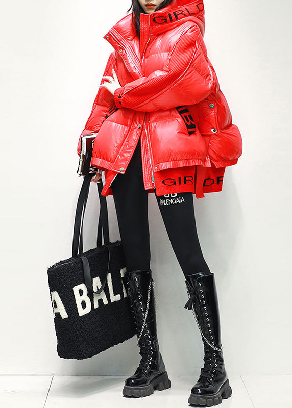 VCSHOES Red Zip Up Pockets Patchwork Duck Down Puffer Jacket Winter