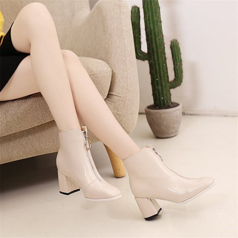 2020 Autumn Winter High Heels Square Toe Ankle Boots for Women Fashion Patent Leather Shoes Woman Zip Motorcycle Booties Mujer