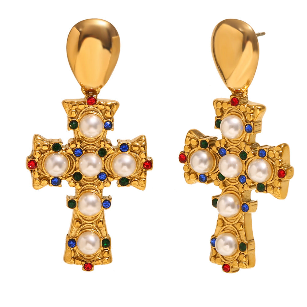 Vintage Earrings Stainless Steel Plated 18K Gold Vintage Diamond Pearl Cross Earrings For Women