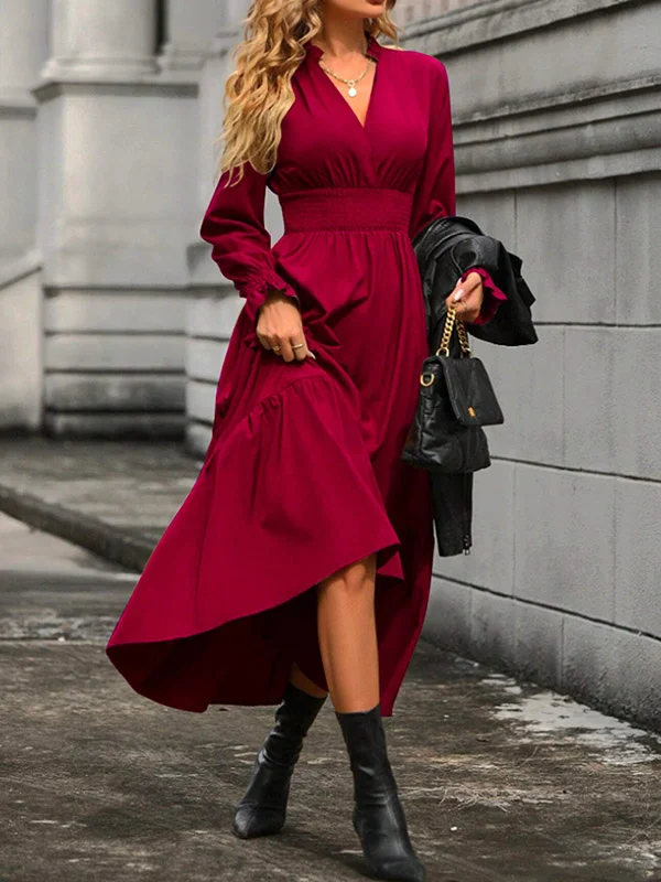 Solid Color Pleated Elasticity Loose Long Sleeves V-Neck Midi Dresses