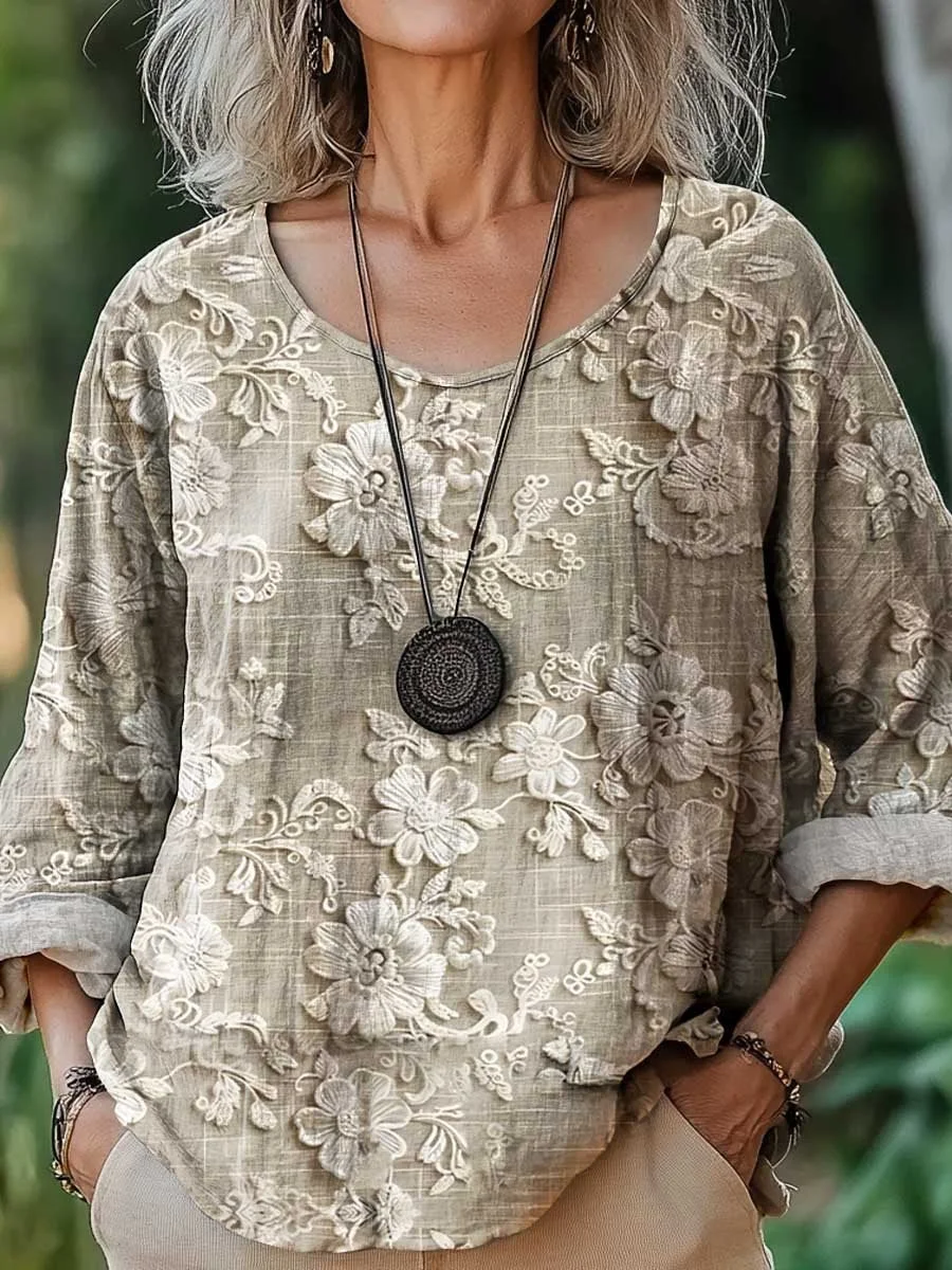 Women's Vintage Lovely Floral Art Print Casual Cotton And Linen Shirt