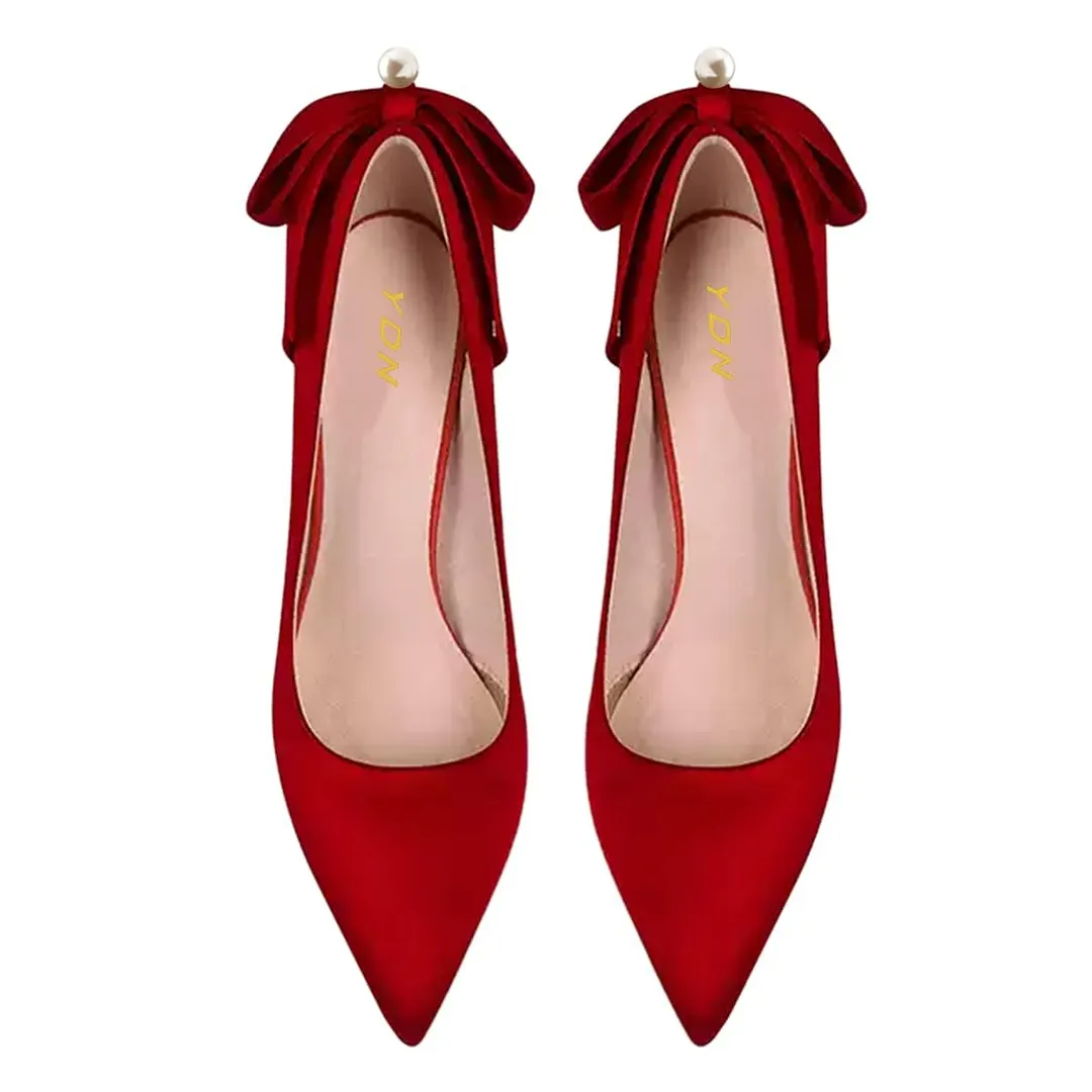 YDN Red Satin Pointed Toe Pearl Decor Bow Classic Pumps Heels