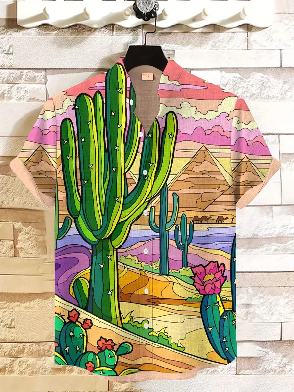 Men's Desert Plants Animals Art Print Short Sleeve Shirt