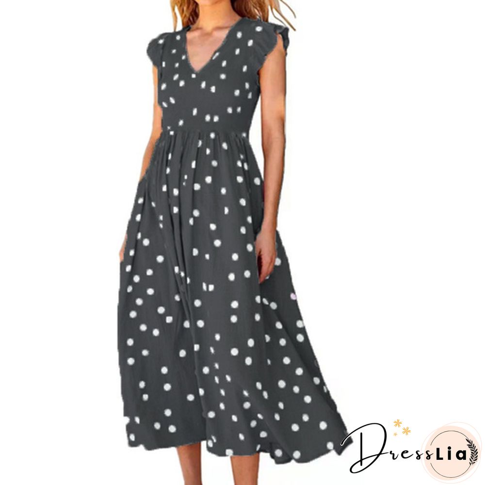 Spring And Summer New European And American Women's Wear V-Neck Large Skirt Wave Dot Printed Dress Women's Long Skirt