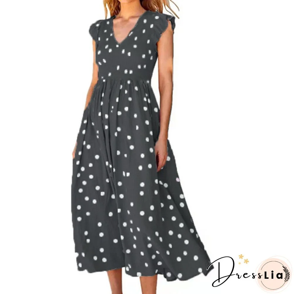 Spring And Summer New European And American Women's Wear V-Neck Large Skirt Wave Dot Printed Dress Women's Long Skirt