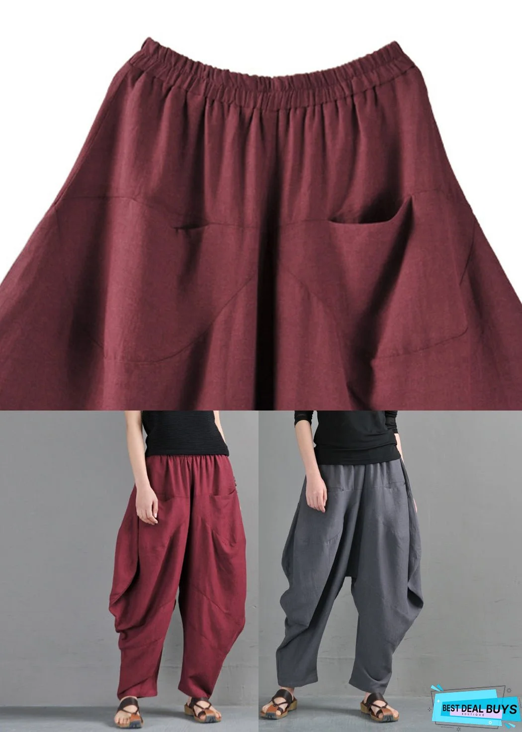 Vintage Grey Pockets Patchwork Lantern Pants Summer