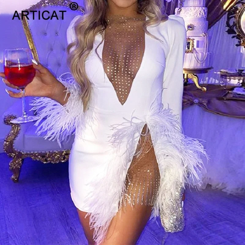 Articat Sexy See Through Sequin Mesh Patchwork Dresses Women Deep V White Feather Mini Party Dress Ladies Nightclub Vestidos