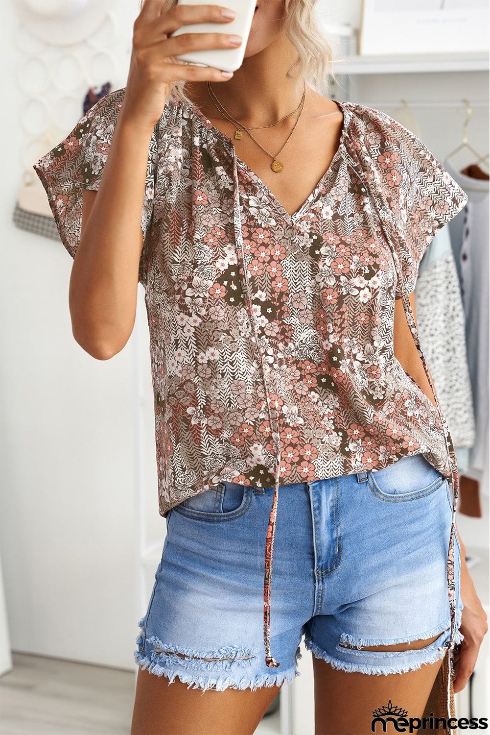 V-neck Short Sleeve Fashion Print Fantasy Fluttering Blouse
