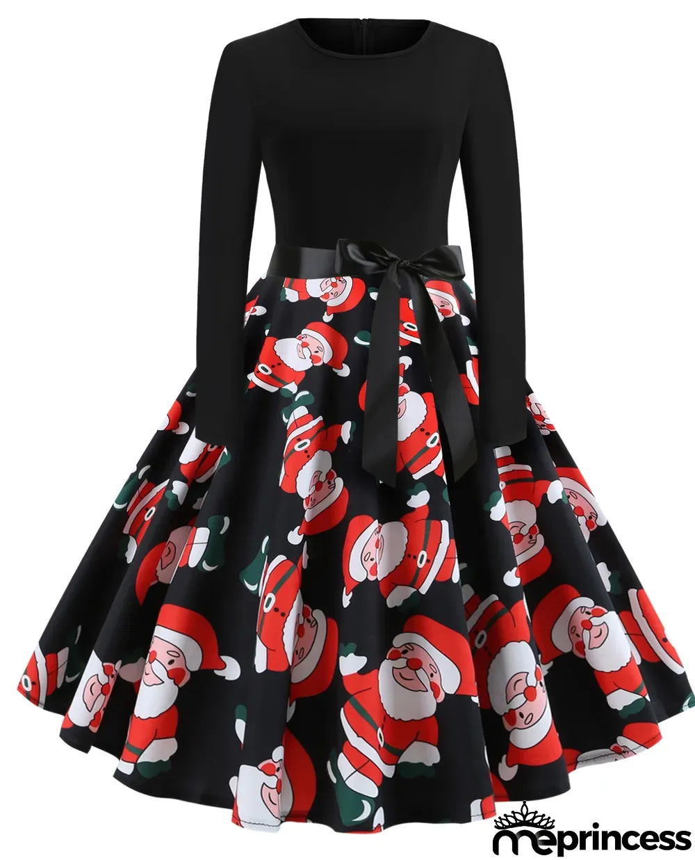 Vintage Black Christmas Print Long Sleeve Skater Dress