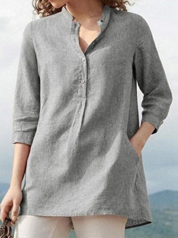 Rotimia Women's solid color casual stand collar 3/4 sleeves shirt