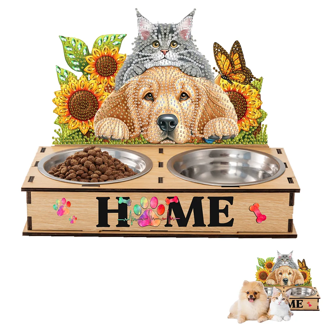 Diamond Painting Food Bowl with Wood Stand Diamond Art Dog Bowl for Small Dogs