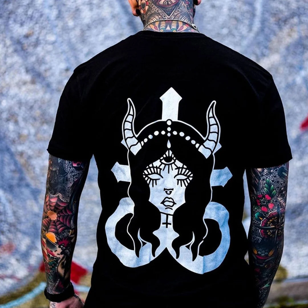 Praying Witch Crucifix Horrific Style Pattern Black Print T-shirt