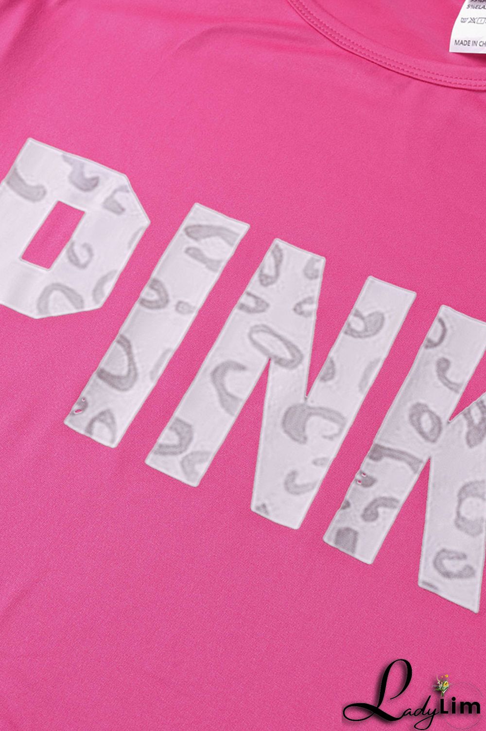 Rose Red Fashion Casual Letter Print Patchwork O Neck Short Sleeve Plus Size Two Pieces