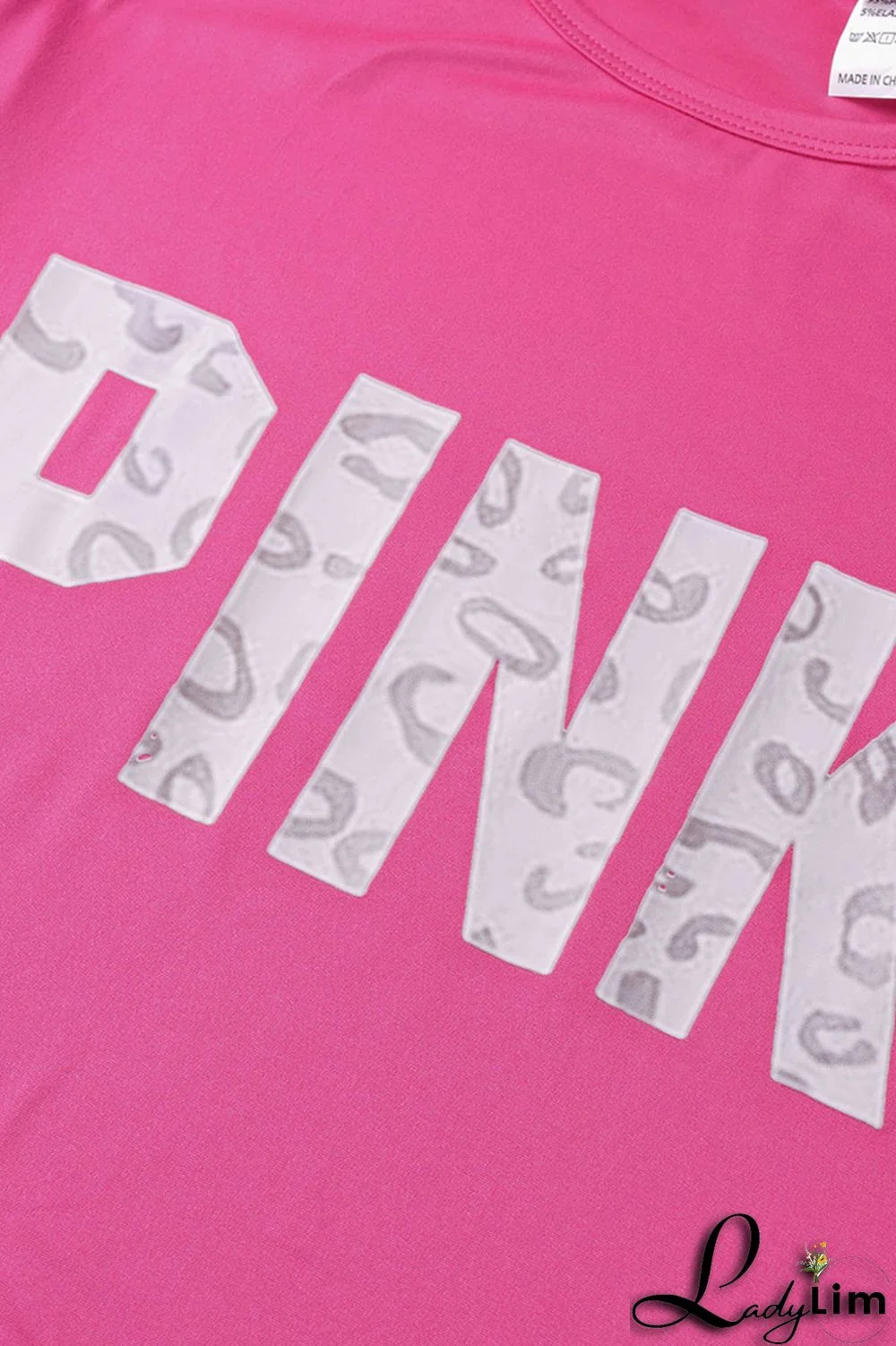 Rose Red Fashion Casual Letter Print Patchwork O Neck Short Sleeve Plus Size Two Pieces