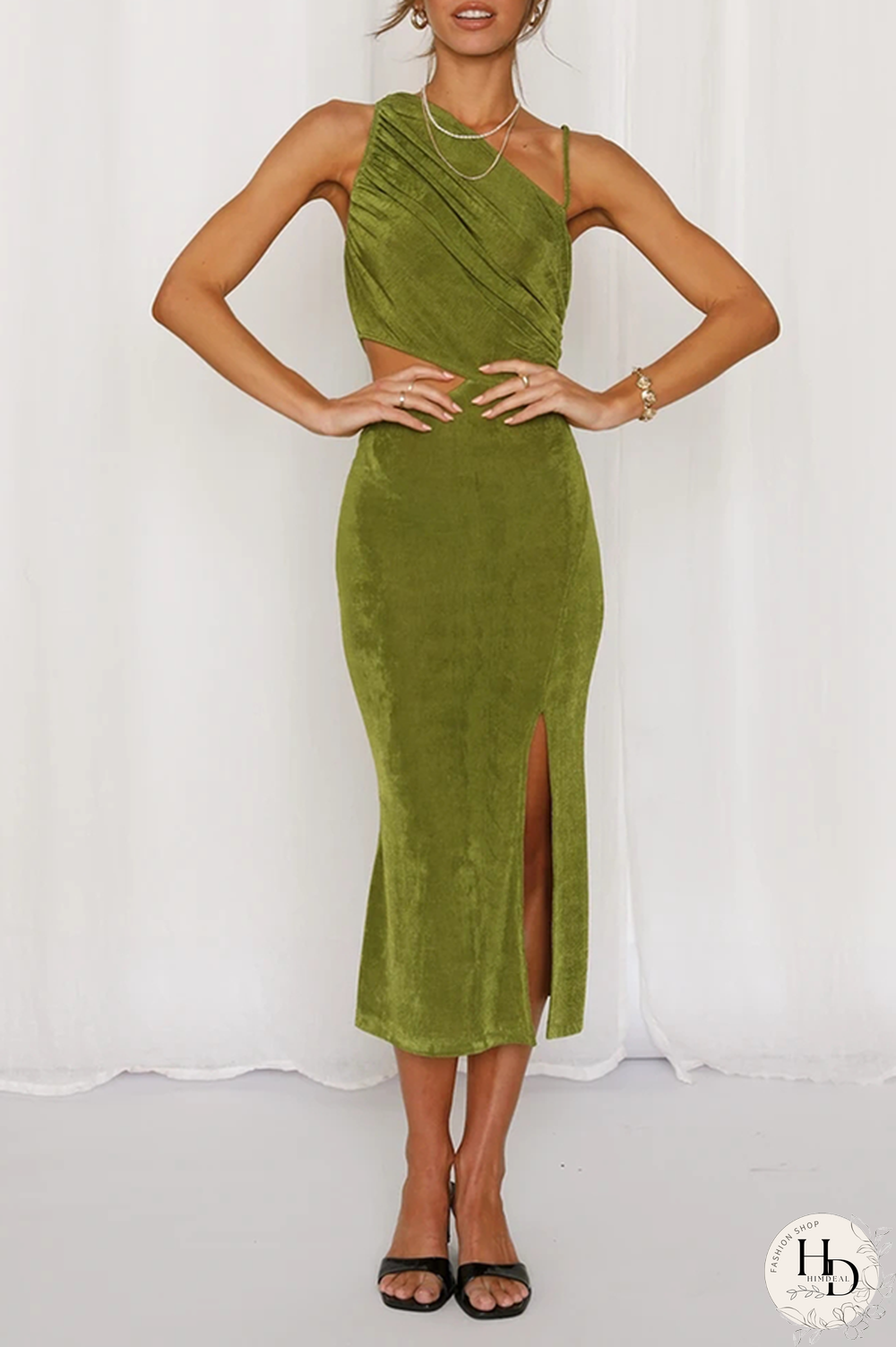 Fashion Elegant Solid Hollowed Out Slit Oblique Collar Pencil Skirt Dresses(5 Colors)