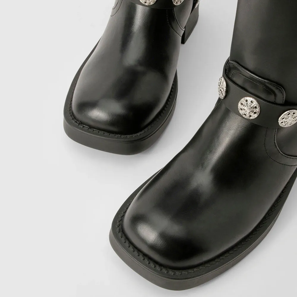 Black Square Toe Buckle Grommet Decorative Studded Knee High Boots
