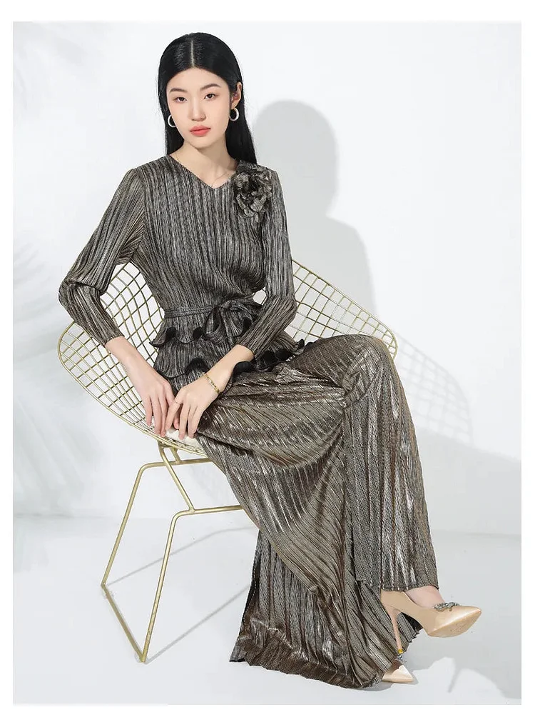 Party Beige V-neck Lace-up Ruffled Hem Long Sleeve Top And Pleated Wide Leg Pants Set