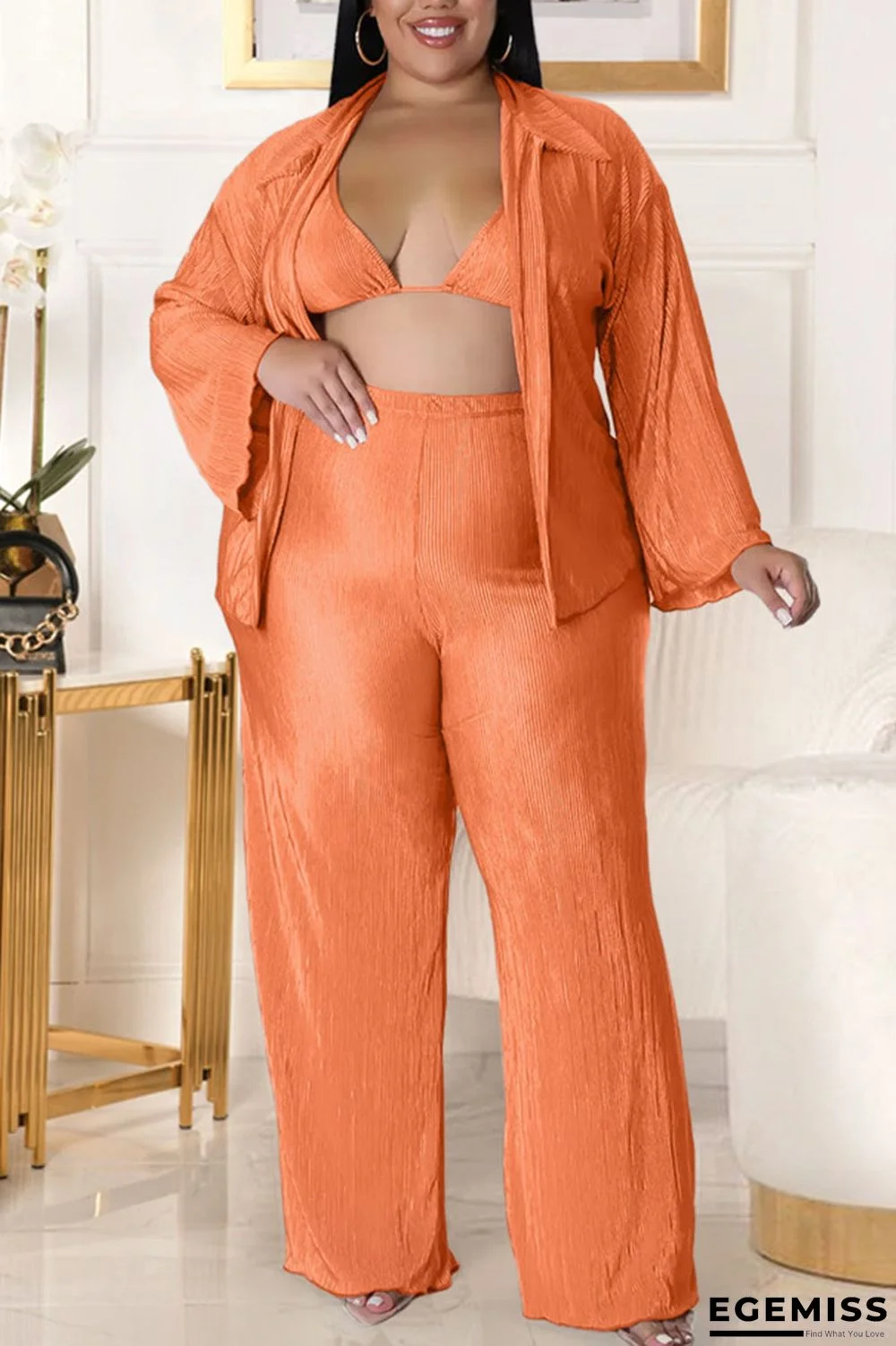 Tangerine Red Sexy Solid Patchwork Turndown Collar Plus Size Three Pieces | EGEMISS