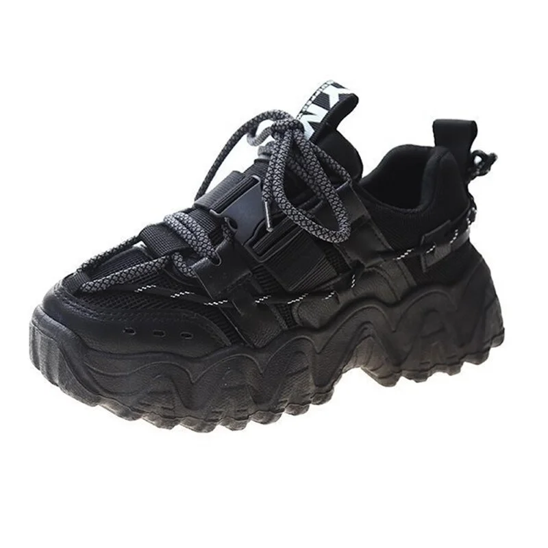 Punklens Women Shoes Fashion Buckle Chunky Sneakers Women 2021 Breathable Mesh Thick Sole Platform Sneakers Woman Lace Up Running Casual