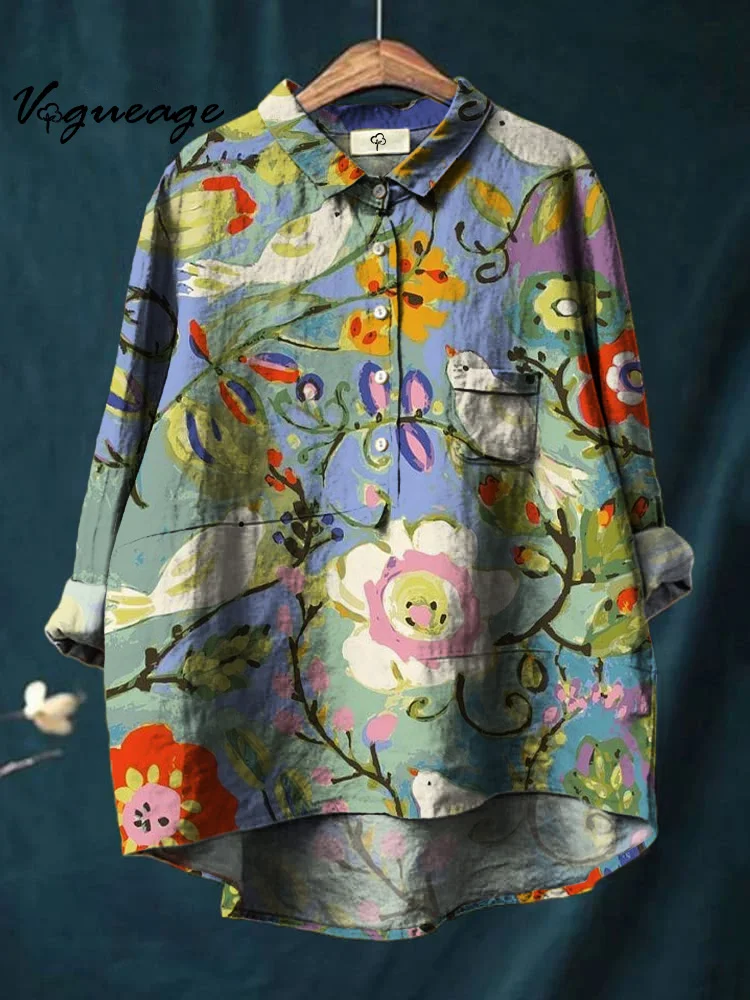 Oil Painting Flowers Plants And Birds Printed Cotton And Linen Shirt