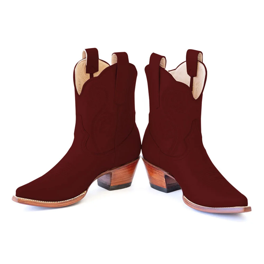 Burgundy Chunky Heel Snip Toe Embroidered Western Booties for Women