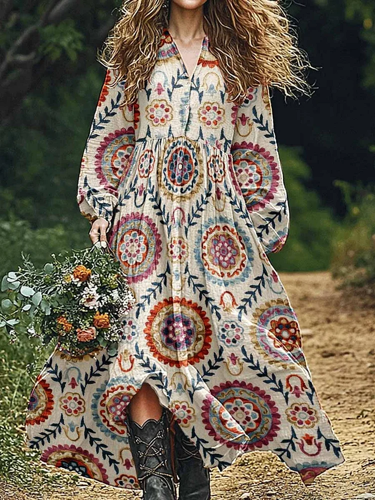 Womens Geometric Vintage Art  Floral Pattern Cotton And Linen Dress