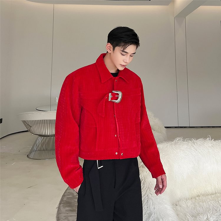Dawfashion-Red Velvet Buckle Retro Casual Short Blazer Jacket-Yamamoto Diablo Clothing