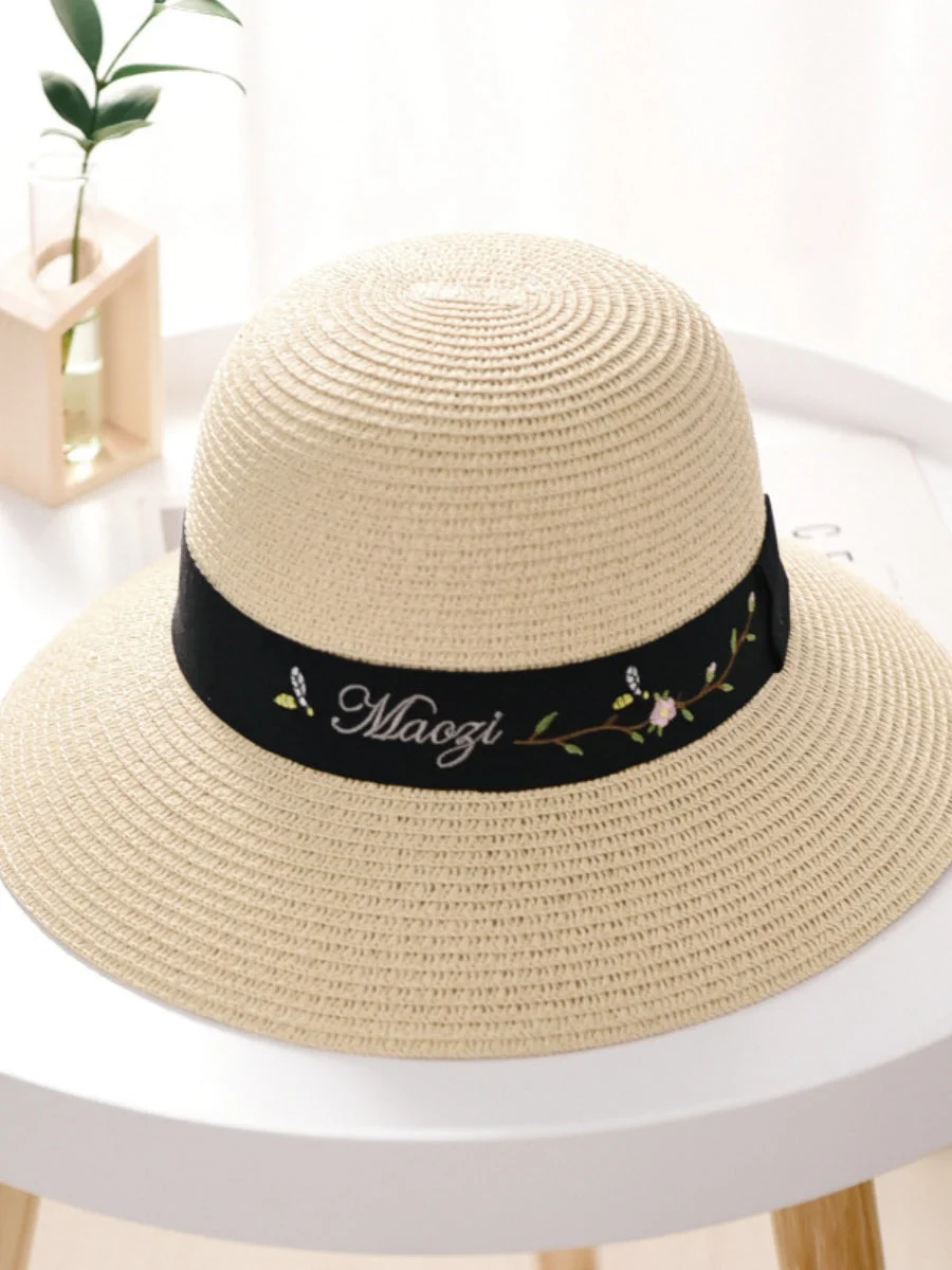 Women's Sun Hat Embroidered Pattern UV Protection Dome Straw Hat