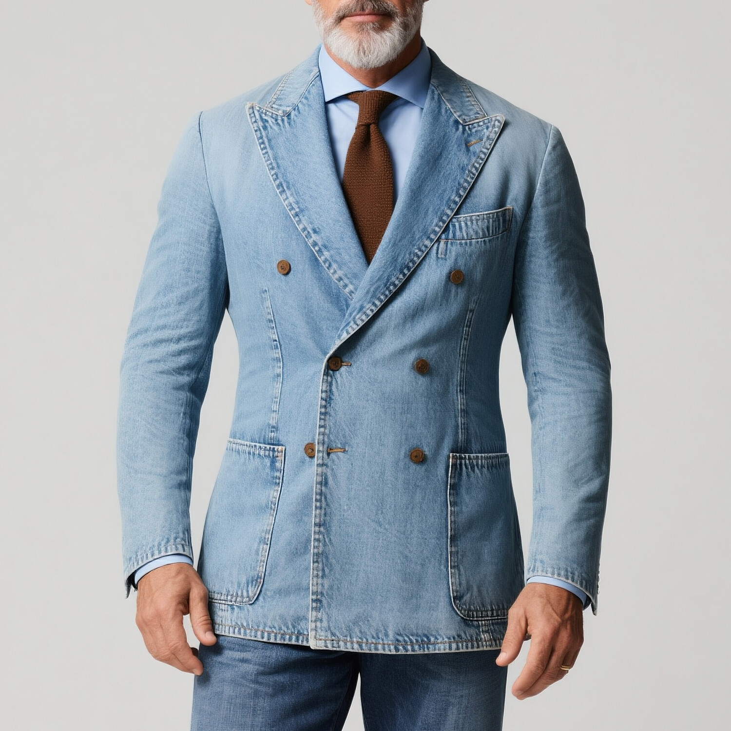 Men's Denim Peak Lapel Long Sleeve Patch Pockets Double Breasted Blazer