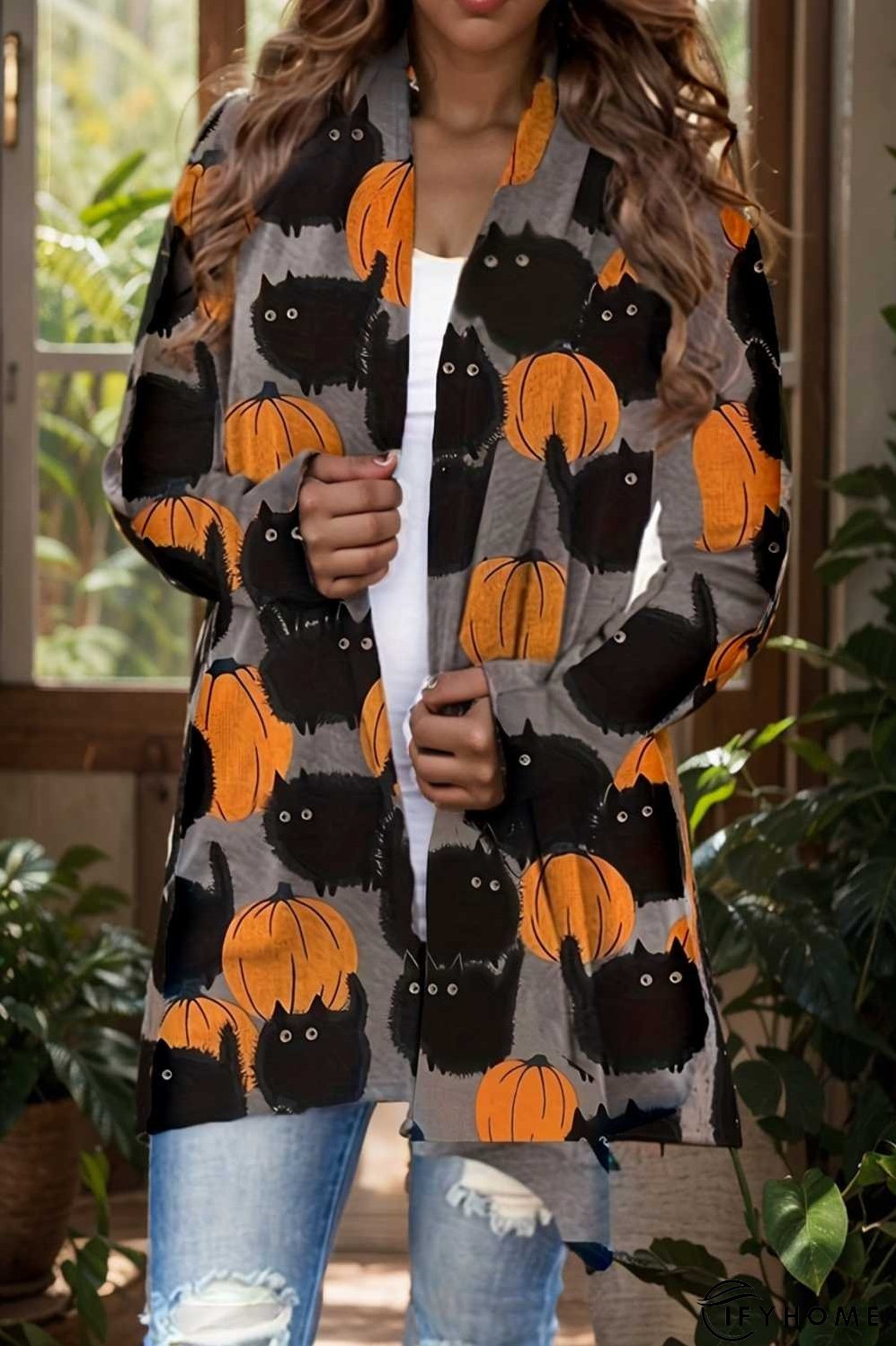 plus size halloween coat women s pus allover cat pumpkin print long sleeve open front medium stretch cardigan overcoat | IFYHOME