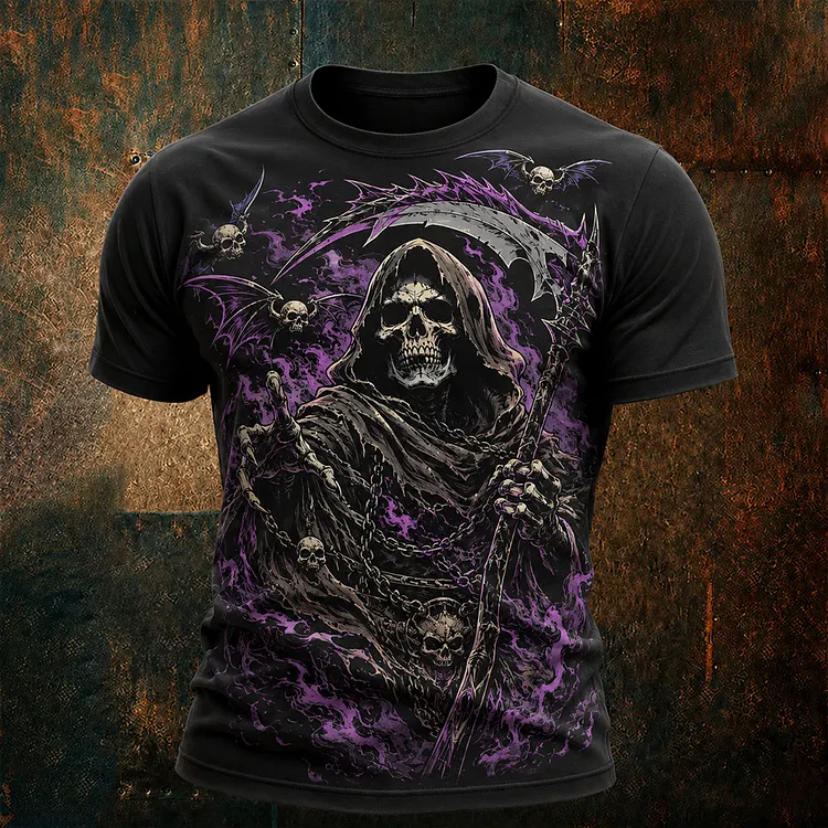 Men's Short Sleeve Crewneck T-shirt In Black With Grim Reaper, Scythe, Skulls, And Purple Smoke Print