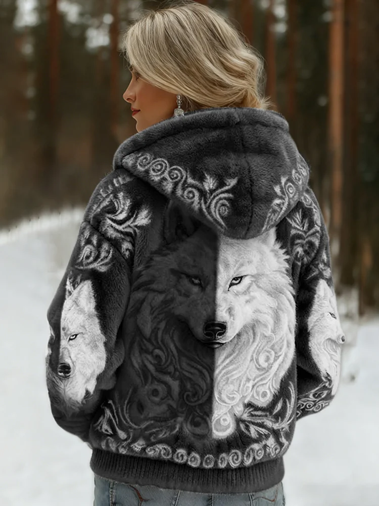 Women's Viking Wolf Art Knit Cozy Flannel Hooded