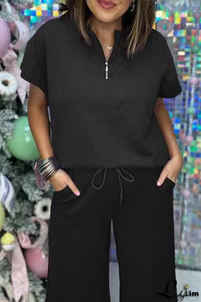 Casual Simplicity Solid Pocket Zipper Texture Turndown Collar Short Sleeve Two Pieces